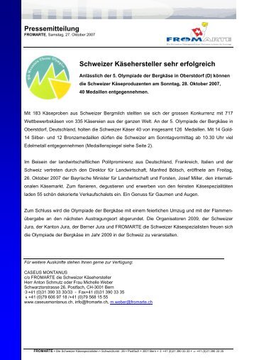 Pressemitteilung Schweizer Käsehersteller sehr erfolgreich - Fromarte