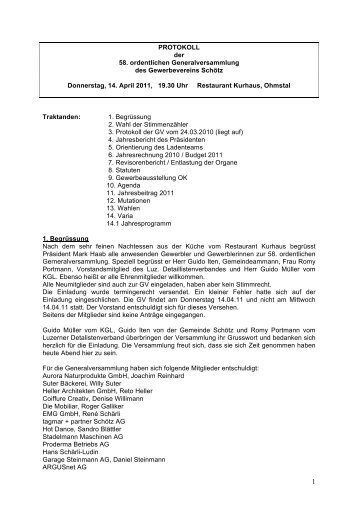 Protokoll 58 ordentlichen GV 14 04 2011 def - Gewerbeverein Schötz