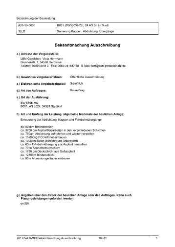 Bekanntmachung Ausschreibung