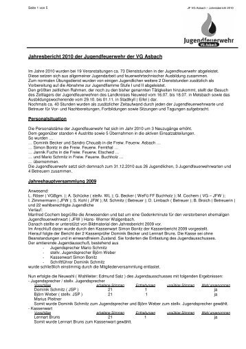 JF VG Asbach - Jahresbericht 2010 - Jugendfeuerwehr VG Asbach