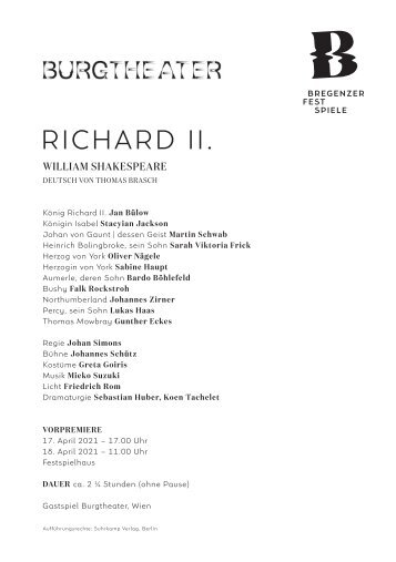 Programmzettel Richard II., 17. und 18. April 2021 