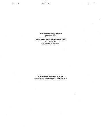 Kids for the Kingdom 2019 IRS form 990