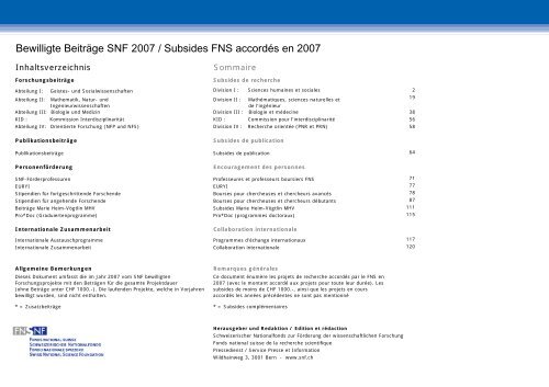 Bewilligte Beiträge SNF 2007 / Subsides FNS accordés en 2007