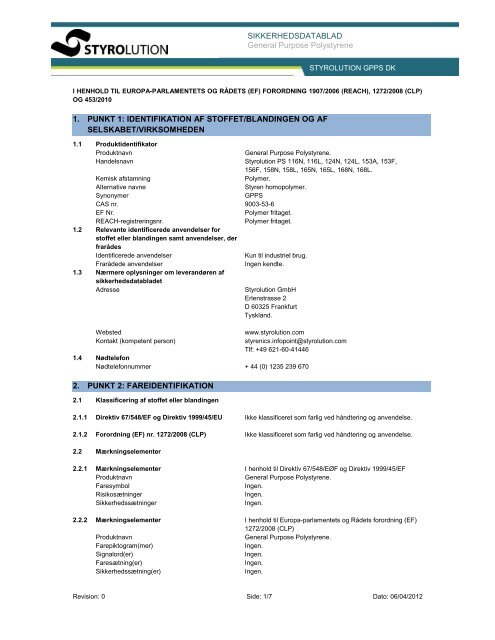 SIKKERHEDSDATABLAD General Purpose Polystyrene 1. PUNKT ...