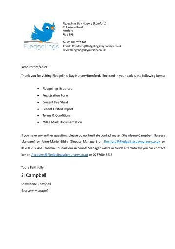 Fledgelings Romford Pack letter