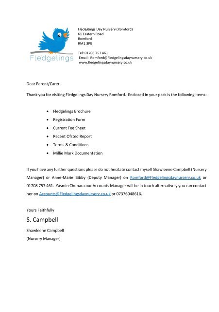 Fledgelings Romford Pack letter