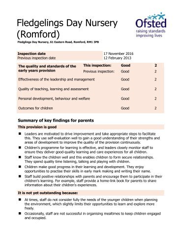 Fledgelings Romford 2016 Ofsted Report