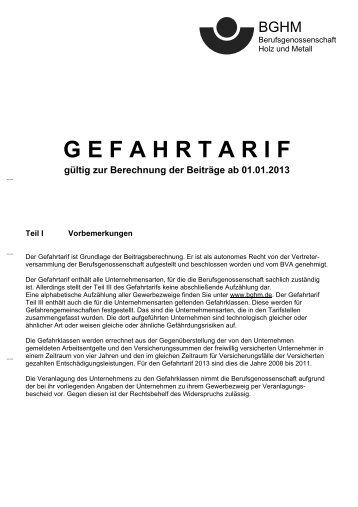 GEFAHRTARIF gültig zur Berechnung der Beiträge ab ... - BGHM