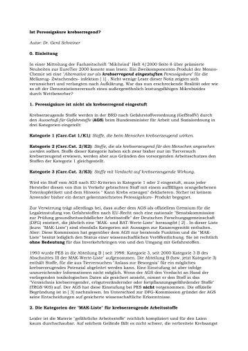 Ist Peressigsäure krebserregend? Autor: Dr. Gerd Schreiner 0 ...