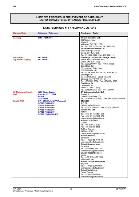 liste des prises pour prelevement de carburant list of ... - FiA