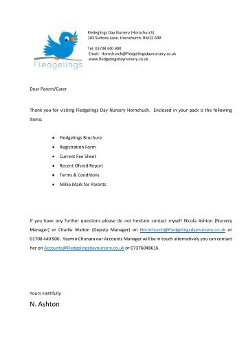 Fledgelings Hornchurch Pack letter