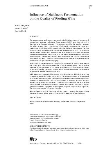 Influence of Malolactic Fermentation on the Quality of Riesling Wine