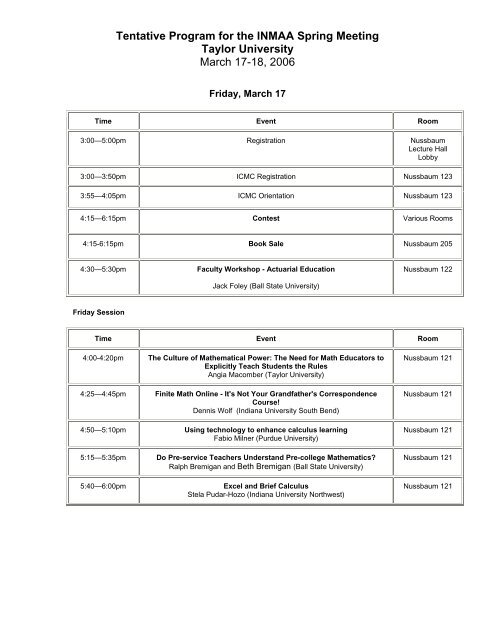 Tentative Program for the INMAA Spring Meeting Taylor ... - Sections