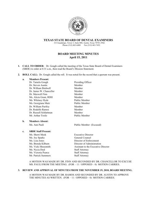 TEXAS STATE BOARD OF DENTAL EXAMINERS BOARD ...