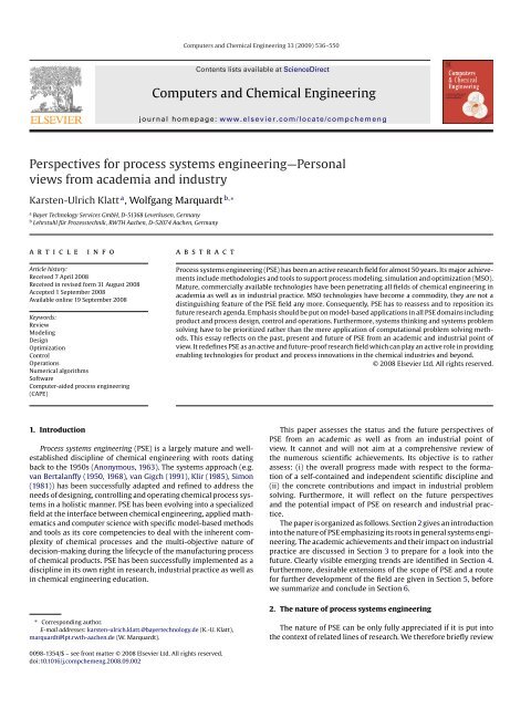 Perspectives for process systems engineering—Personal views