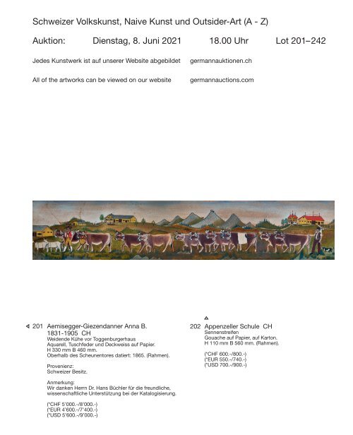 Kunst Auktion 7. - 9. Juni 2021, Germann Auktionshaus, Zürich