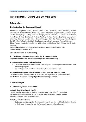 Protokoll Der SR Sitzung vom 10. März 2009 1. Formelles