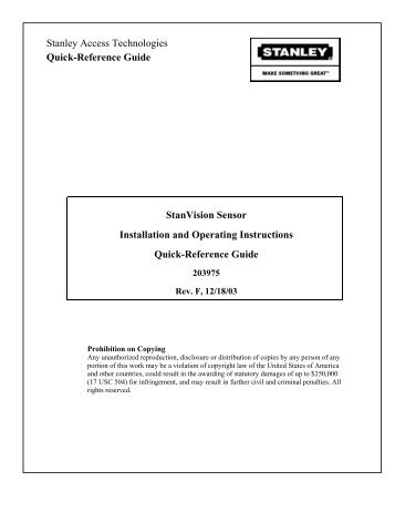 StanVision Sensor Installation and Operating Instructions Quick ...