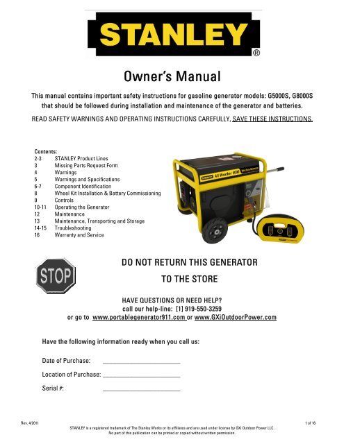 STANLEY Generator Owner's Manual 6April2011 - Gxioutdoorpower ...