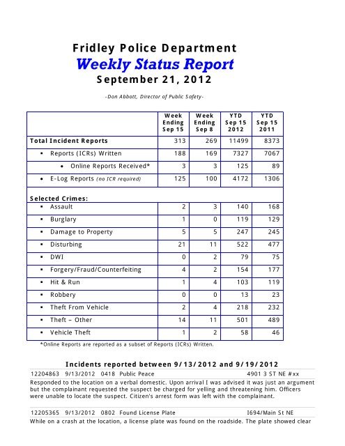 Fridley Police Department Weekly Status Report ... - City of Fridley