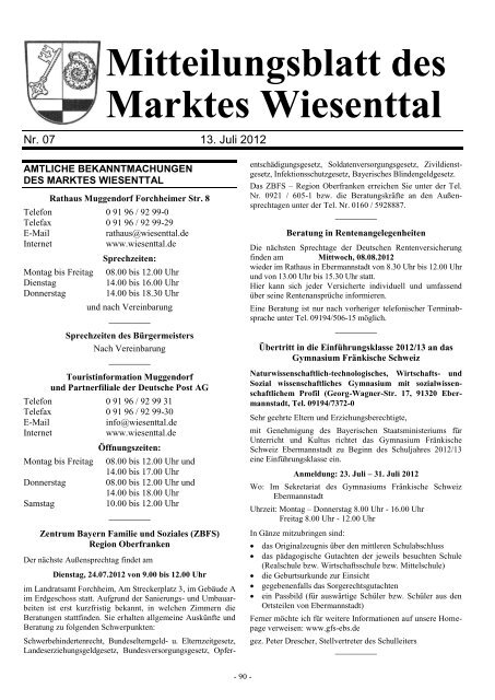 AMTLICHE BEKANNTMACHUNGEN - Markt Wiesenttal