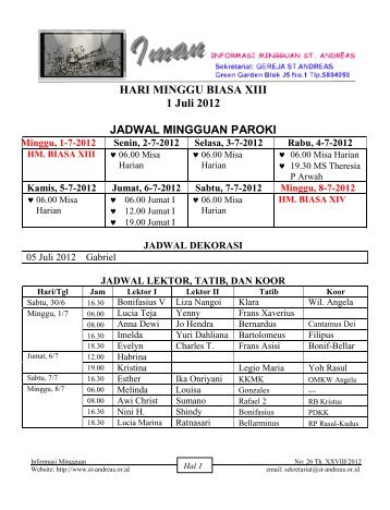 Minggu ini tgl 01 Juli 2012 - Gereja Katolik St.Andreas Paroki Kedoya