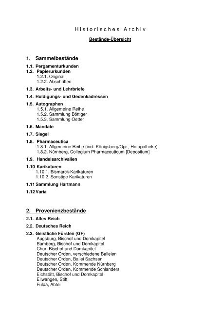 Liste aller im Historischen Archiv verwahrten Bestände (PDF