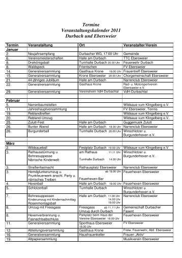 Termine Veranstaltungskalender 2011 Durbach und Ebersweier