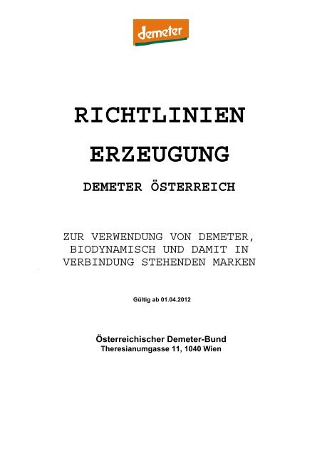 RICHTLINIEN ERZEUGUNG DEMETER ÖSTERREICH