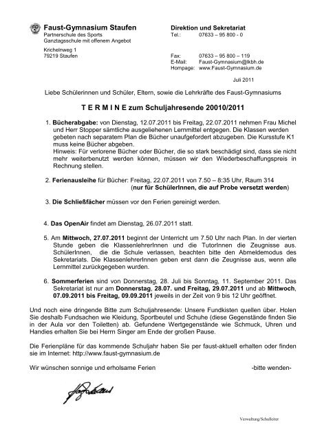 Faust-Gymnasium Staufen TERMINE zum Schuljahresende 20010 ...