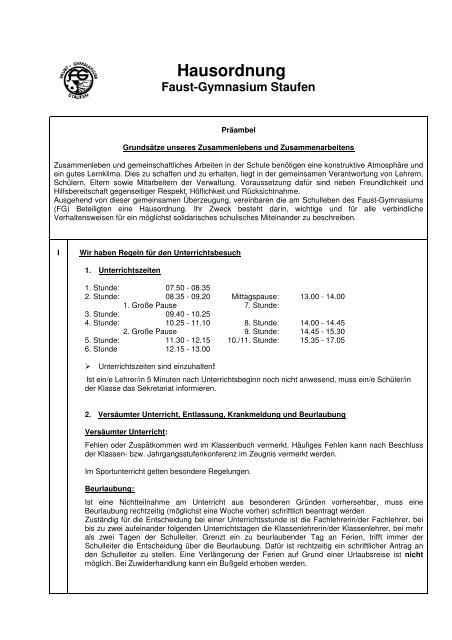 Hausordnung - Faust-Gymnasium Staufen