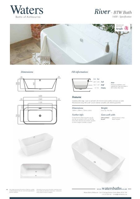 River Back to Wall Bath Specification Sheet from Waters Baths of Ashbourne