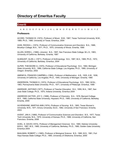Directory of Emeritus Faculty - California State University, East Bay