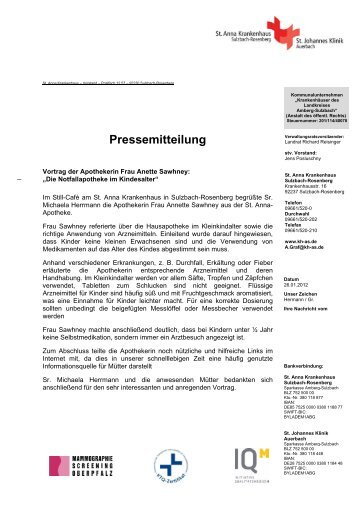 Pressemitteilung - St. Anna Krankenhaus Sulzbach-Rosenberg