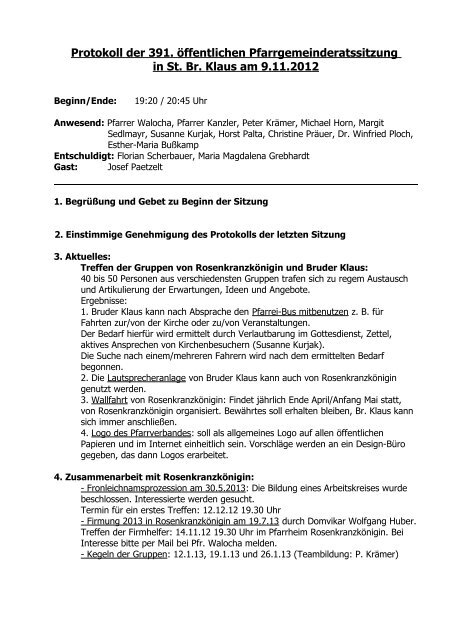 Protokoll der 391. öffentlichen Pfarrgemeinderatssitzung in St. Br ...