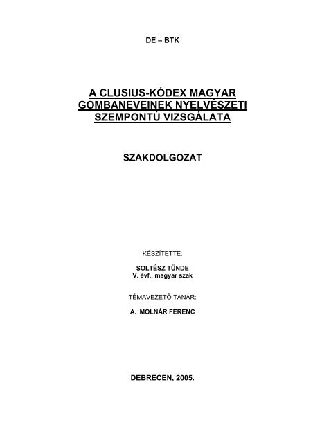 a clusius-kódex magyar gombaneveinek nyelvészeti szempontú