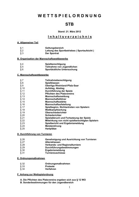 W E T T S P I E L O R D N U N G STB - Saarländischer Tennisbund