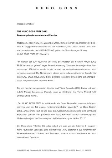 Presseinformation THE HUGO BOSS PRIZE 2012 Bekanntgabe der ...