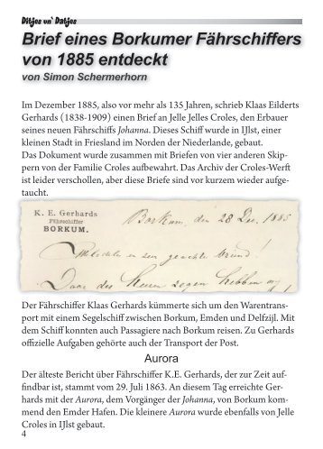 Brief eines Borkumer Fährschiffers von 1885 entdeckt von Simon Schermerhorn