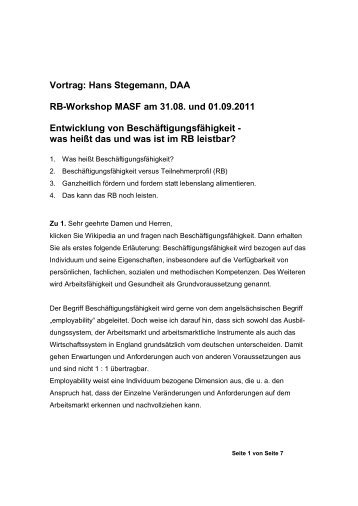 Hans Stegemann, DAA RB-Workshop MASF am 31.08. und ... - Lasa
