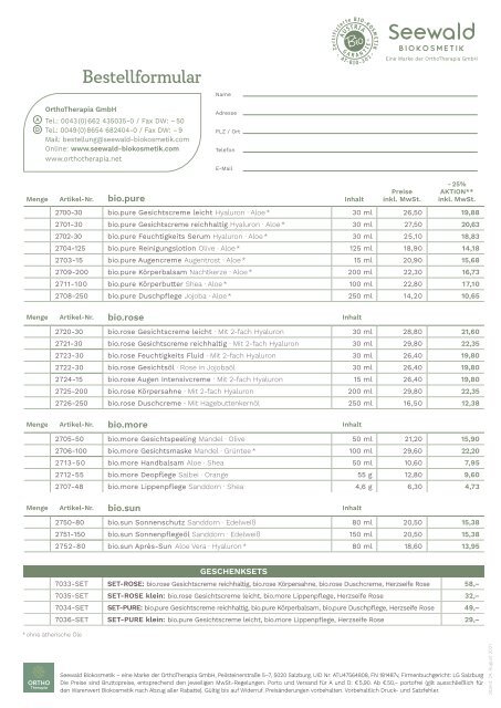 Seewald Biokosmetik Bestellformular 2021