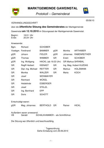 MARKTGEMEINDE GAWEINSTAL Protokoll – Gemeinderat