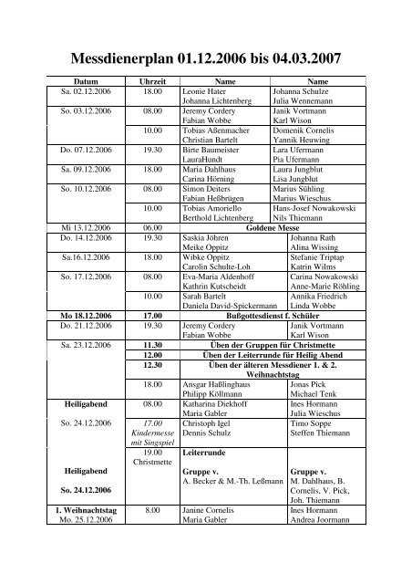 Messdienerplan 01.12.2006 bis 04.03.2007 - St. Ludgerus ...