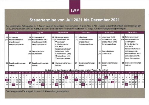 Steuertermine von Juli  2021 bis Dezember 2021