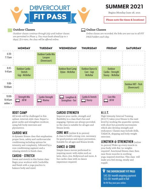 Dovercourt Summer 2021 FIT PASS schedule