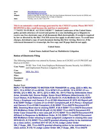 Activity in Case MDL No. 3011 IN RE_ New York Area Employee Retirement Income Security Act (ERISA) and Employment Practices Litigation