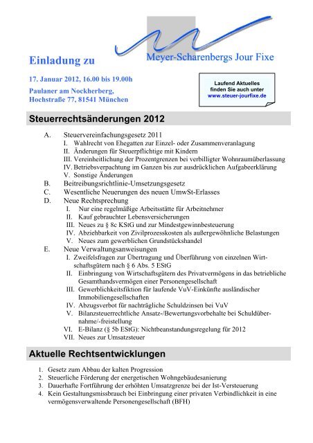 Steuerrechtsänderungen 2012 - Meyer-Scharenbergs Jour-Fixe