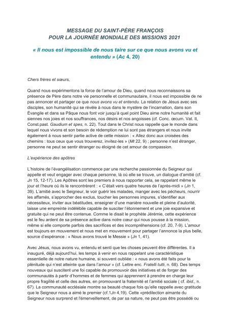 MESSAGE DU SAINT-PÈRE FRANÇOIS POUR LA JOURNÉE MONDIALE DES MISSIONS 2021
