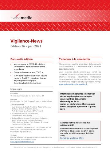 Swissmedic Vigilance-News Edition 26 – Juin 2021