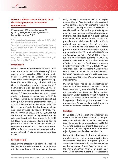 Swissmedic Vigilance-News Edition 26 – Juin 2021